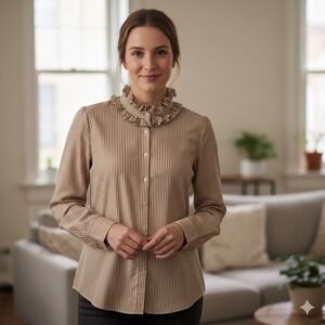 Vintage‎ Y2K J Crew 100% Silk Blouse Women Medium Orange Stripe Ruffle Neck Work